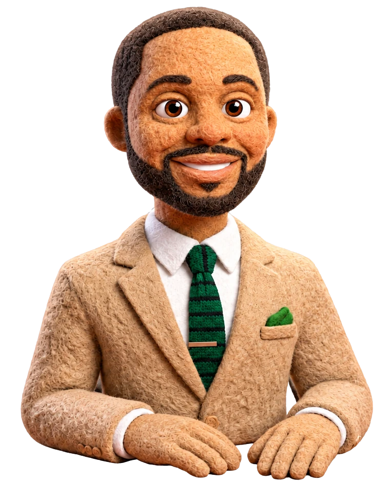 A.R.I.A., a felt puppet host in a tan suit, white shirt and green striped tie, seated at a studio desk.